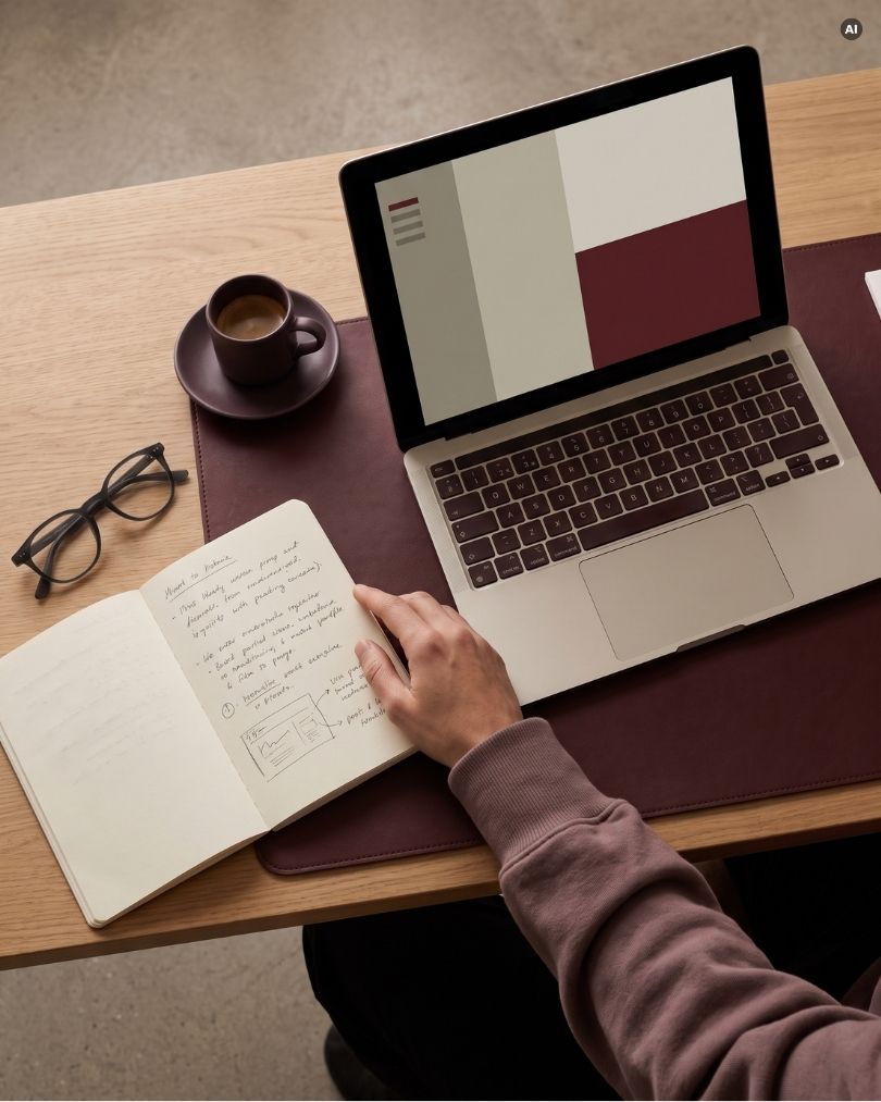 Arbeitsplatz mit Laptop, Notizbuch und Kaffee: Editorial-Aufnahme für den AI-Hebel-Workshop